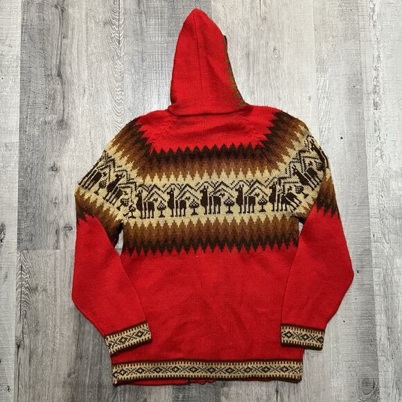 Vintage Alpaca Wool Peruvian Knit Hoodie Red Full Zip Fuzzy Hooded Sweater Sz M - Picture 3 of 4